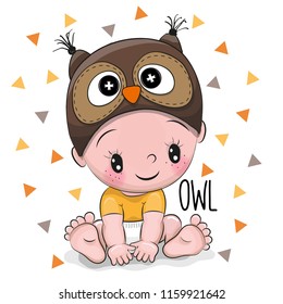 Cute Cartoon Baby boy in a Owl hat on a white background