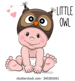 Cute Cartoon Baby boy in an Owl hat on a white background
