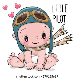 Cute Cartoon Baby Boy In A Pilot Hat And Scarf