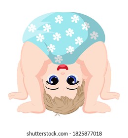 Cute cartoon baby boy playing upside down with diaper isolated on a white background