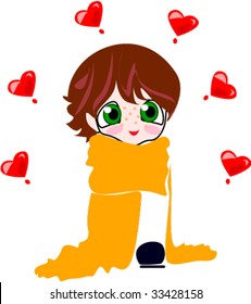 Cute cartoon baby boy and red hearts.