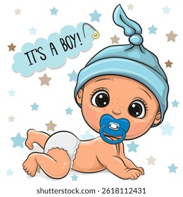 Cute Cartoon Baby boy is sitting with blue cap on stars background
