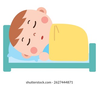 A cute cartoon baby boy sleeping soundly in bed under a yellow blanket, shown in a side profile with closed eyes and a peaceful expression.