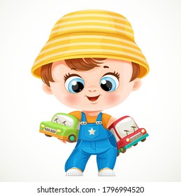 Cute cartoon baby boy with a toy cars isolated on a white background