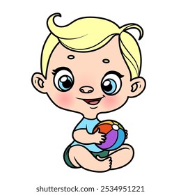 Cute cartoon baby boy with toy ball sit on a white background color variation.  Image produced without the use of any form of AI software at any stage