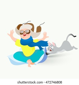 Cute Cartoon Baby boy in winter hat, scarf and pilot glasses imagined flying and frightened cat. Vector character.