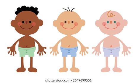 Cute Cartoon Baby Boys Character of Diverse Ethnicities Vector Set for children’s designs, educational materials, nursery art, baby shower invitations, or playful graphic projects