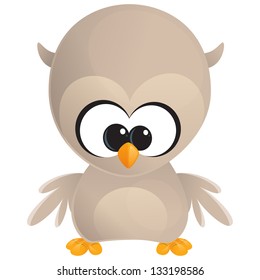Cute cartoon baby brown owl with huge eyes standing and looking at us