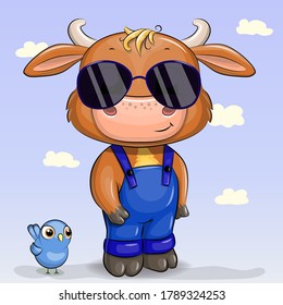 Cute cartoon baby bull in the sunglasses. vector illustration of animal with bird on the blue background with clouds. 