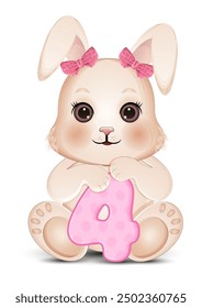 Cute cartoon baby bunny with pink number 4. Vector illustration.