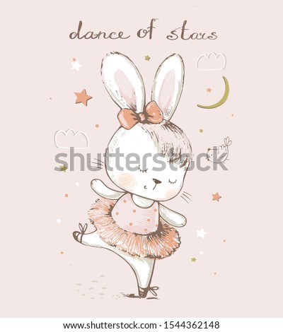 Cute  cartoon baby bunny,hare  ballerina. hand drawn vector illustration. Can be used for baby t-shirt print, fashion print design, kids wear, baby shower celebration greeting and invitation card.