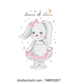 Cute  cartoon baby bunny,hare ballet dancer. hand drawn vector illustration. Can be used for baby t-shirt print, fashion print design, kids wear, baby shower celebration greeting and invitation card.