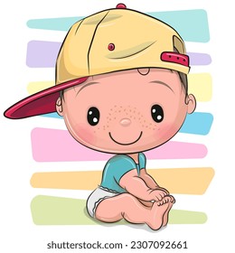 Cute cartoon baby in a cap on colorful background