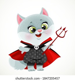 Cute cartoon baby cat in the devil costume suit with pitchfork in hand isolated on white background