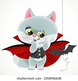 Cute cartoon baby cat in the devil or vampire costume suit hunting toy bat  isolated on white background