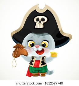 Cute cartoon baby cat dressed in pirate costume with a gold coins and big purse isolated on a white background