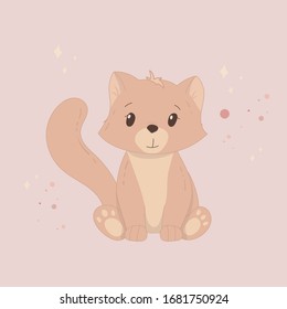 Cute cartoon baby cat, hand drawn vector illustration. Print for baby t-shirt, fashion print design, kids wear, baby shower celebration greeting and invitation card.