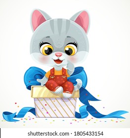 Cute cartoon baby cat sits on big gift box isolated on a white background