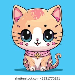 Cute cartoon baby cat is sitting looking at you