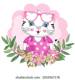 Dibujo lindo de un gato bebé con gafas de sol con hermosas flores. Ilustración vectorial.