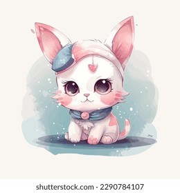 Cute cartoon baby cat watercolor illustration