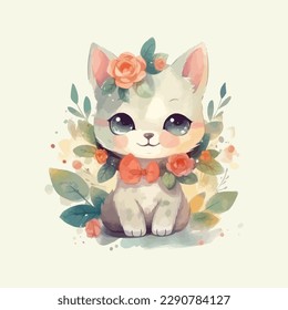 Cute cartoon baby cat watercolor illustration