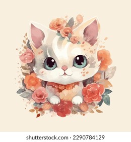 Cute cartoon baby cat watercolor illustration