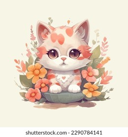 Cute cartoon baby cat watercolor illustration