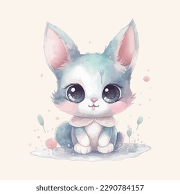 Cute cartoon baby cat watercolor illustration