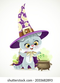 Cute cartoon baby cat in the wizard's hat and cloak brews a magic potion in cauldron isolated on a white background