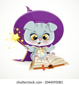 Cute Cartoon Baby Cat In The Wizard's Hat And Cloak Reads A Book Of Spells Isolated On White Background