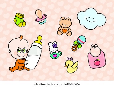 cute cartoon baby character with his toys and stuff