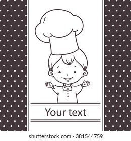 Cute cartoon baby chef. Vector design label with cook baby boy.