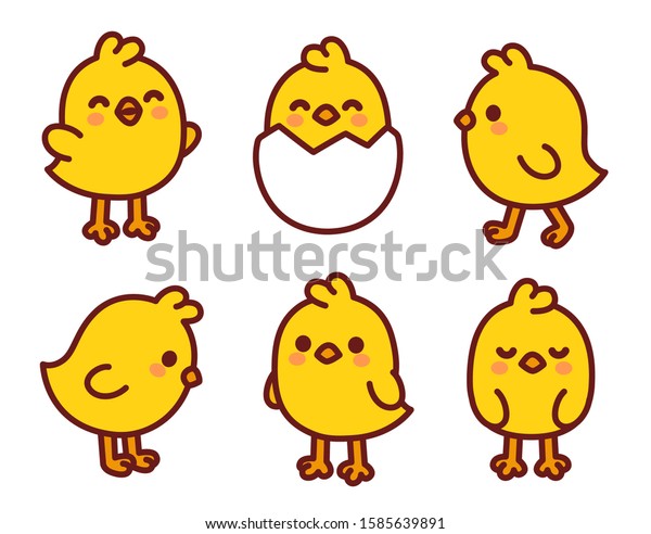 Cute\
cartoon baby chicken set. Kawaii yellow chicks in different poses.\
Easter doodles, vector clip art\
illustration.