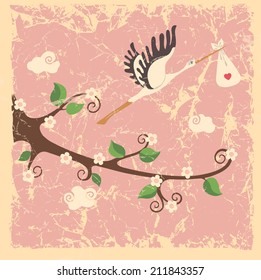 Cute cartoon baby composition.Flowering branch of a tree, flying stork with newborn baby girl.Sky and clouds in cartoon illustration. Vintage grunge background.Vector