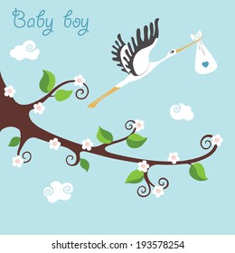 Cute cartoon baby composition.Flowering branches of a tree. Against the sky flying stork with newborn baby-boy.Sky and clouds in cartoon illustration,template. Vector