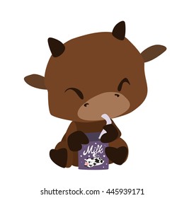 Cute Cartoon Baby Cow Drinking Milk