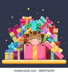 Cute cartoon baby cow ox cub gift box isometric chinese new year design flat vector illustration