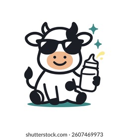 Cute Cartoon Baby Cow with Sunglasses Holding Milk Bottle for Childrens Farm Birthday Party Decor
