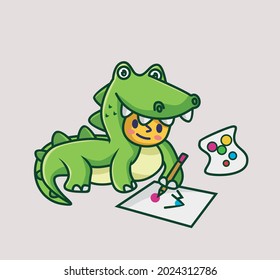 Cute cartoon baby crocodile mascot drawing a mountain with a colorful pencil. Animal Isolated Flat Style Icon illustration Premium Vector Logo Sticker Mascot
