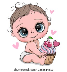 Cute Cartoon Baby with Cupcake on a white background