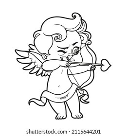 Cute cartoon baby cupid archer shoots from a bow outlined for coloring on white background