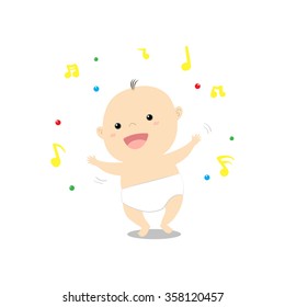 Cute cartoon baby dancing and walking happily on music vector illustration 