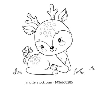 Cute cartoon baby deer. Coloring book page for children.