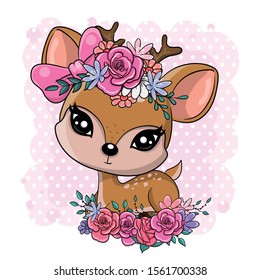 Cute Cartoon Baby Deer with flowers on a pink background