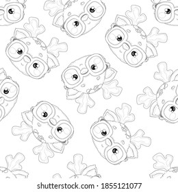 Cute cartoon baby deer with glasses sketch seamless patter template. Graphic vector illustration in black and white for games, background, pattern, decor. Coloring paper, page, children's story book. 