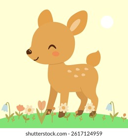 Cute cartoon baby Deer on grass and flowers. Vector illustration for decorating prints. Little forest animal. Kawaii character wildlife deer