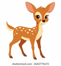 Cute cartoon baby deer vector illustration. Adorable fawn with big eyes and spots. Perfect for children's books, nursery decor, games, or forest themed designs. Isolated on white background.