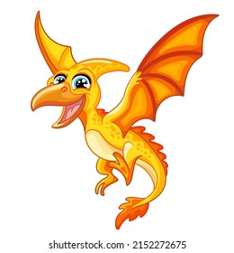 Cute cartoon baby dinosaur character yellow flying pterodactyl. Vector illustration isolated on white. For print, design, advertising, stationery, t-shirt and textiles, decor, sublimation.