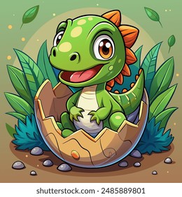 Cute cartoon baby dinosaur, freshly hatched from an eggshell at vibrant jungle backdrop, happy newborn kawaii dino smiles, symbolizing new beginnings and childhood wonder. Colorful vector illustration